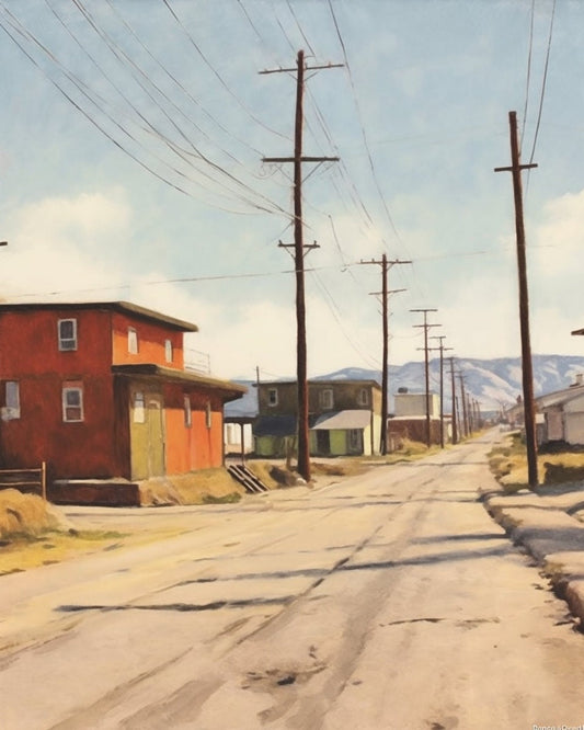 Americana in the Style of Robert Bechtle: Secluded Dusty Street and Red Building | Digital Wall Art | Download Print | Custom Canvas