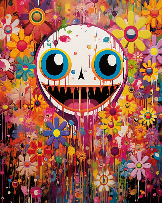 Smiling Psychedelia: Takashi Murakami Inspired Original Painting | Digital Art | Daisy Flower Paint | Wall Art | Modern Artwork