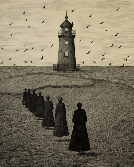 Monochrome Lighthouse: A Haunting Tribute to Edward Gorey | Digital Wall Art | Download Print | Custom Canvas