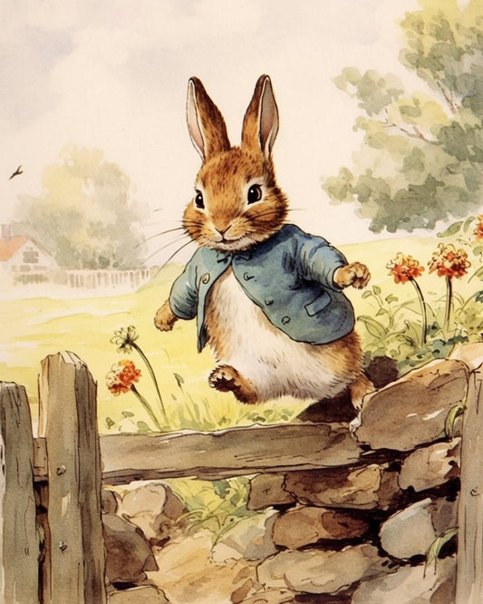 Timeless Beatrix Potter Style Bunny Print – Jumping Over a Fence | Nursery Wall Art | Classic Story Watercolor | Baby’s Room Illustration