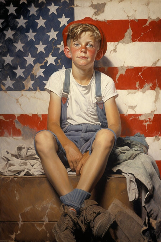 Americana Portrait: Young Boy in front of the American Flag inspired by Norman Rockwell | Digital Wall Art | Download Print | Custom Canvas