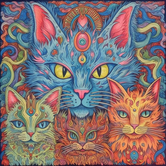 Louis Wain Inspired Symmetrical Cat Print on Canvas | Electric & Eclectic | Download Digital Art |  Kittens and Cats in Psychedelic Colors