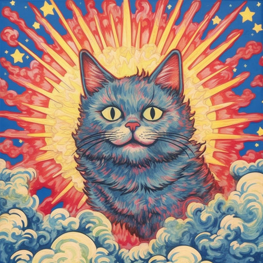 Blue Cat with Starburst: Vibrant Louis Wain Styled Print | Electric & Eclectic | Download Digital Art |  Kittens, Cats in Psychedelic Colors