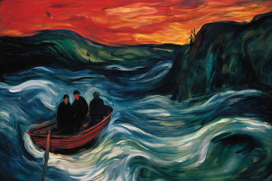 Men in a Small Row Boat: A Mysterious Journey in the Style of Edvard Munch | Digital Wall Art | Download Print | Custom Canvas