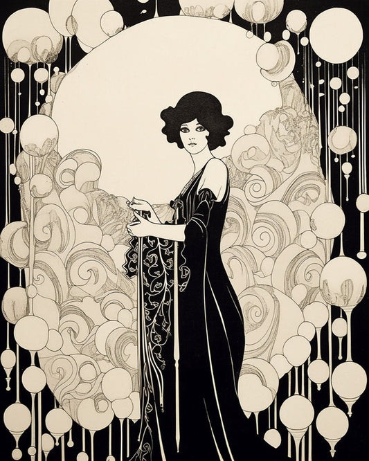 Vintage Black and White Full Length Portrait of a Woman in the Style of Aubrey Beardsley | Digital Wall Art | Download Print | Custom Canvas