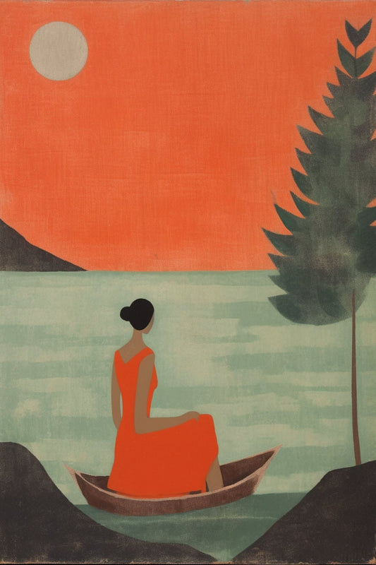 Serene Splendor: Milton Avery Inspired Painting of a Woman in an Orange Dress in a Boat | Digital Wall Art | Download Print | Custom Canvas