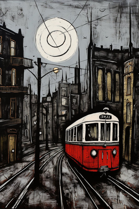 Original Street Cable Car Painting with Full Moon - Inspired by Bernard Buffet | Digital Wall Art | Download Print | Custom Canvas