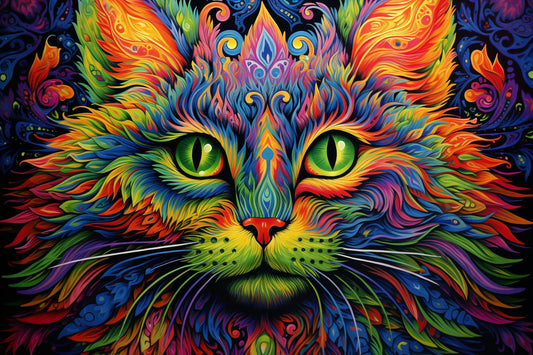 Psychedelic Cat with Mesmerizing Green Eyes - Inspired by Louis Wain | Digital Wall Art | Download Print | Custom Canvas