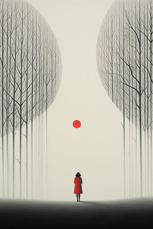 Minimalist Serenity: A Red-Coated Journey beneath the Influences of Alessandro Gottardo | Custom Canvas | Original Artwork | Wall Art