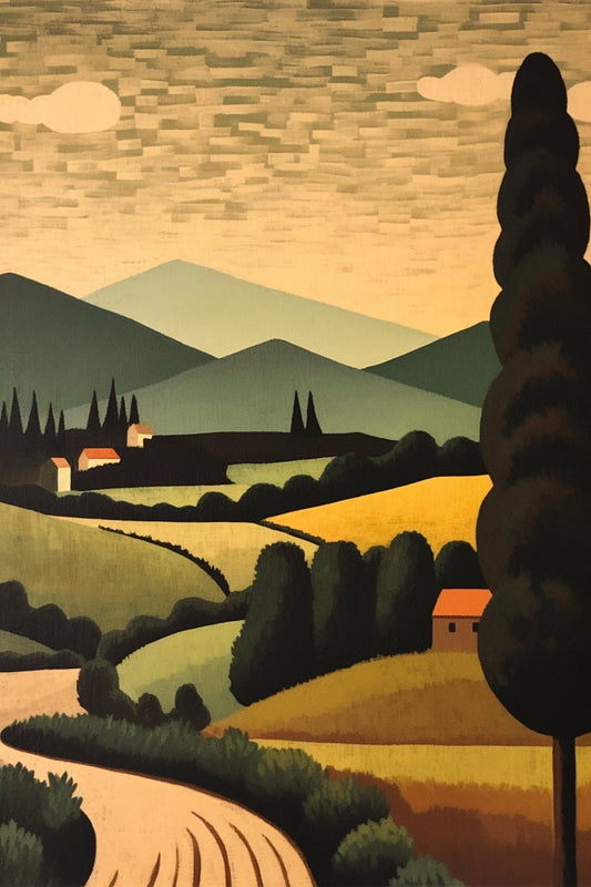 Landscape Painting Inspired by George Ault: A Modern Revival of Rolling Hills and Rustic Houses