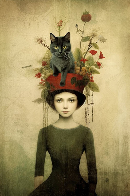 Sophisticated Catrin Welz-Stein Inspired Artwork - Young Woman in Red Hat with Black Cat & Floral Adornments