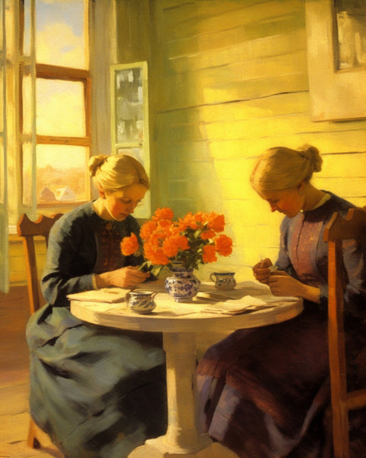 Anna Ancher Inspired: 'Morning Tea' Canvas Print - A Raw and Intimate Portrayal of Friendship and Serenity | Custom Original Artwork