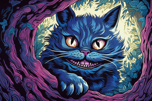 Eccentric Blue and Purple Cheshire Cat Linocut Print: An Artistic Homage to Louis Wain