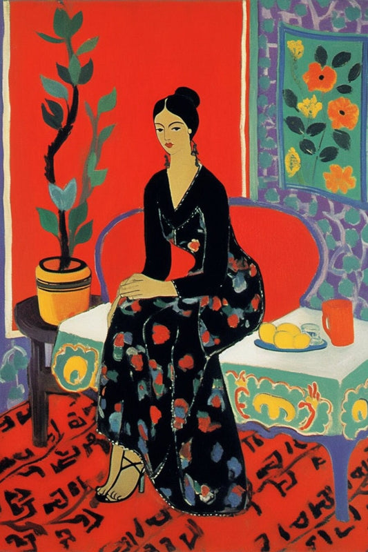 Gorgeous Spanish Woman Seated in a Kitchen – A Matisse-Inspired Custom Print on Canvas | Home Decor | Wall Art | Beautiful Red Painting