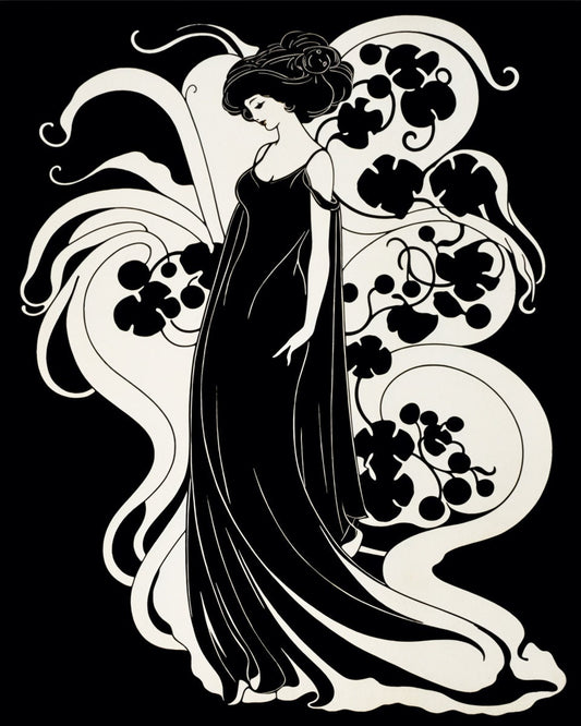 Black and White Modern Woman Wall Art: Aubrey Beardsley Style Canvas Print for Home Decor