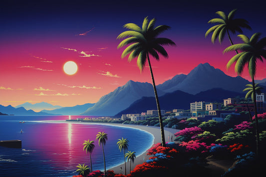 Hiroshi Nagai Style Tropical Bay Sunset: Custom Canvas and Digital Prints for Wall Art and Home Decor