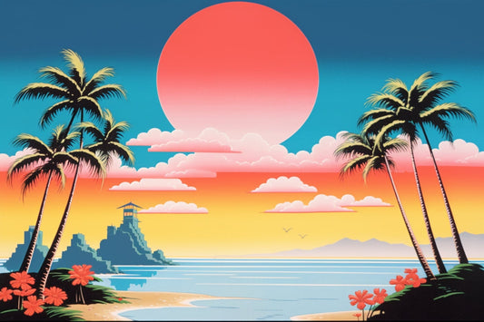 Hiroshi Nagai Style Sunrise Symmetry Canvas Art - Vibrant Custom Wall Decor in Primary Colors