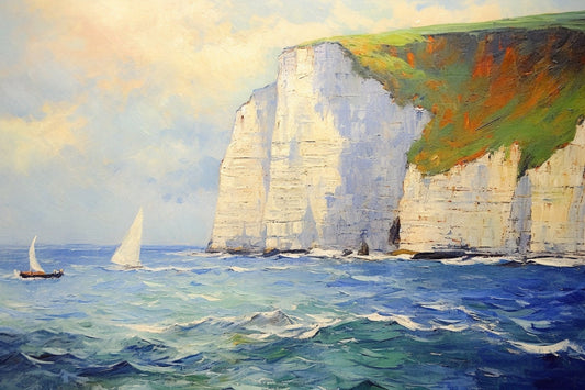 Claude Monet Style Custom Canvas Print: Captivating Cliffs of Dover and Sailboat Impressionist Wall Art for Home Decor
