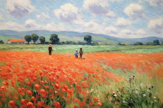 Impressionism Art: Claude Monet Inspired Poppy Field Canvas Print in Vibrant Reds and Greens for Modern Home Decor