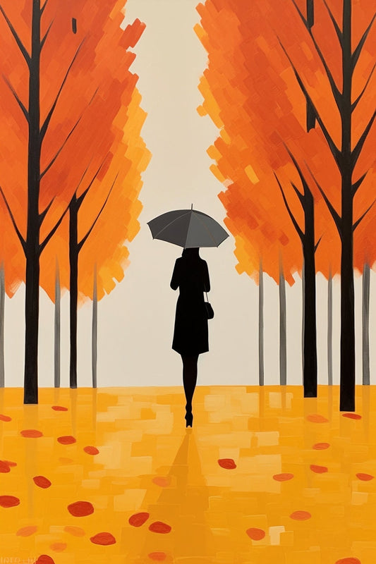 Alex Katz Inspired Autumn Walk, Woman with Umbrella: Custom Canvas Print Wall Art