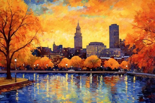 Van Gogh Style Boston Autumn Art: Fall Esplanade Scene in New England, Original Custom Canvas and Digital Prints for Wall Art