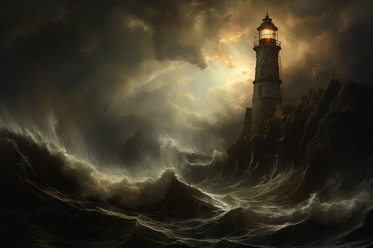 Dark Lighthouse Storm Canvas Print: Moody Wall Art Inspired by Rembrandt for Nautical Home Decor