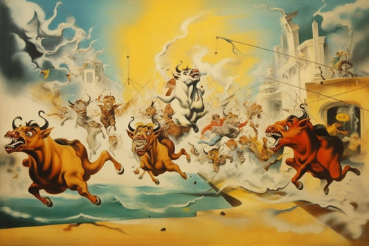 Mad Bull Run: Surreal Salvador Dali-Inspired Canvas Art Featuring Spanish Bulls and Matador, Vibrant Wall Décor for Home