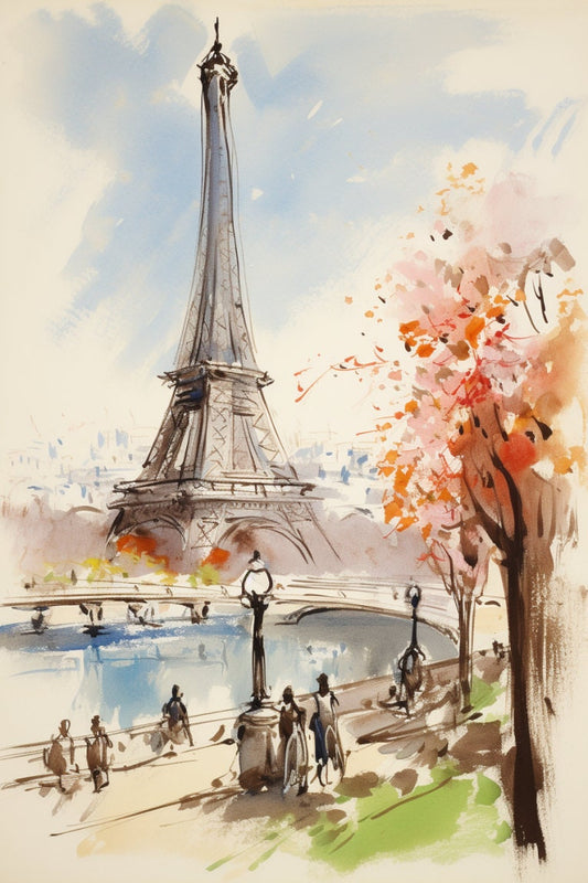 Picasso Inspired Eiffel Tower Sketch: Parisian Chic Watercolor Canvas Art for Home Decor