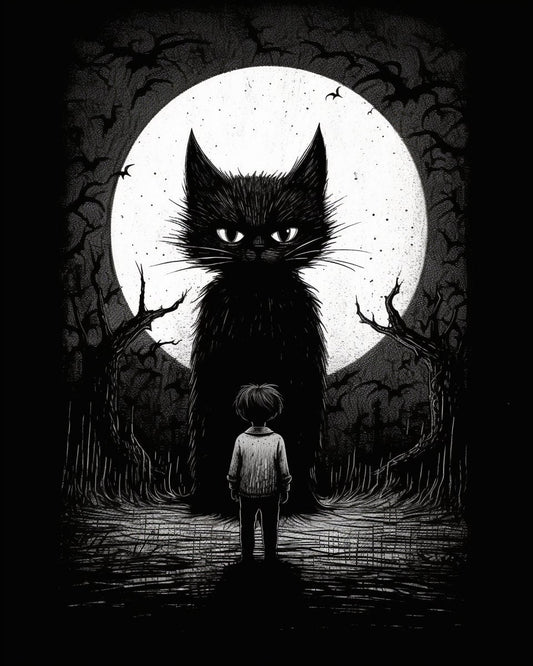 Edward Gorey Styling: Engaging Black Cat and Full Moon Canvas Wall Art Featuring Young Boy for Home Decor