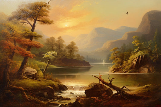 Hudson River School Style Lake Valley Sunset Canvas Print: Timeless Wall Art for Nature Lovers