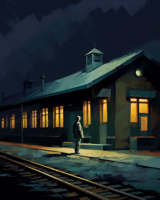 Modern Edward Hopper Inspired, Night Depot. Canvas Print: Poignant Single Person at Train Station Wall Art | Custom Canvas