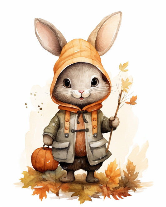 Beatrix Potter Inspired Custom Canvas Print: Fall Bunny Illustration with Autumn Leaves and Pumpkins - Home Decor Wall Art