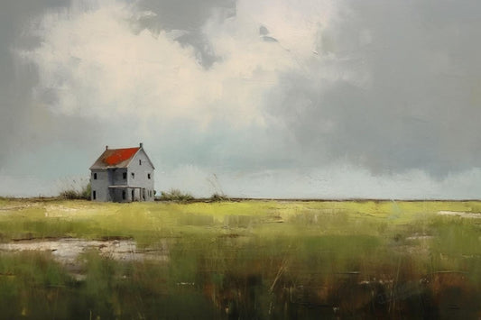 Breathtaking Custom Canvas Artwork Anne Packard Style Red Roof Farmhouse in Green Field Under Cloudy Sky | Wall Art | Home Decor