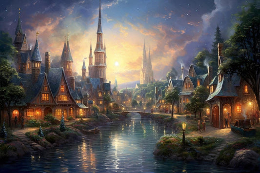 Glowing Painter of Light Village on River with Fantasy Castle | Thomas Kinkade Inspired Artwork | Digital Download Home Decor