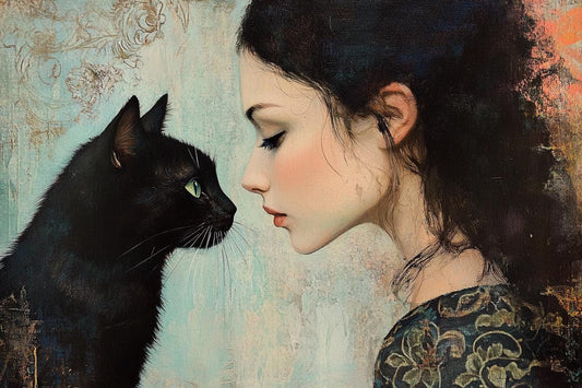 Serene Custom Canvas and Digital Prints Featuring Young Woman and Black Cat Artwork by Catrin Welz-Stein | Unique Home Decor | Wall Art