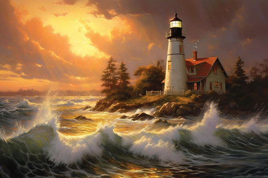 The Tempest | Thomas Kinkade Inspired Lighthouse Tempest Evening Canvas Print | Coastal Wall Art | Home Decor | Custom Artwork