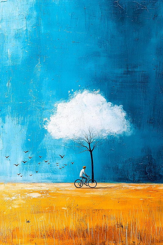 Custom Minimalist Bicycle Art Print | Fantasy White Tree with Birds | Blue and Orange Canvas Wall Art | Unique Home Decor | Digital Download