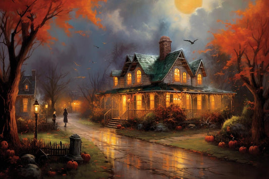 Charming Halloween Canvas Print Featuring Thomas Kinkade Inspired Pumpkins and Spooky House | Fall Home Decor | Custom Artwork