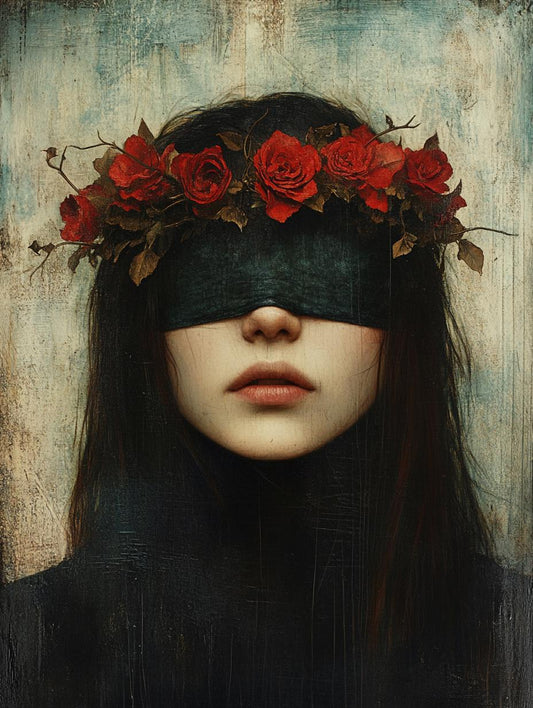 Stunning Floral Crown Portrait of a Blindfolded Young Woman | Custom Canvas Print & Digital Download | Elegant Wall Art Decor