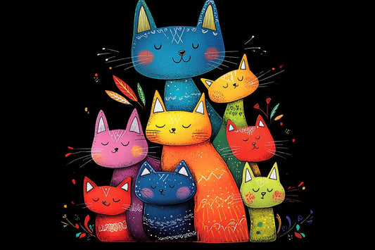 Vibrant Folk Art Custom Canvas Prints of Patchwork Cats | Unique Family-Themed Artwork | Brightly Colored Home Decor | Digital Download