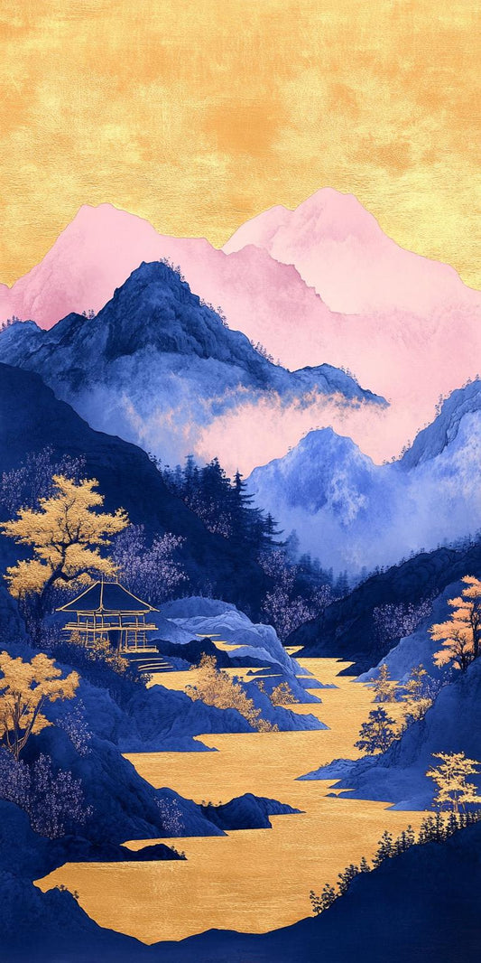 Pastel Asian Inspired Mountain Canvas Art with Golden River | Serene Home Decor | Zen Landscape Digital Print | Soft Colors