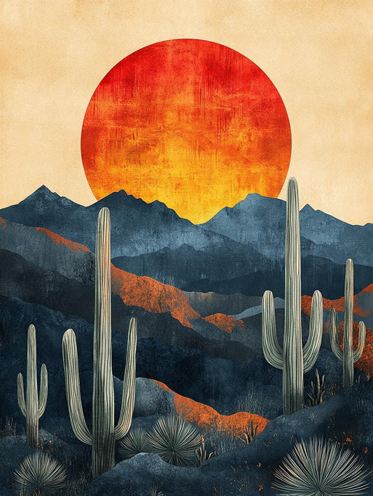 Vibrant Arizona Sunset Matisse Inspired Impressionist Canvas Print | Unique Cactus and Blue Mountains Artwork | Custom Home Decor