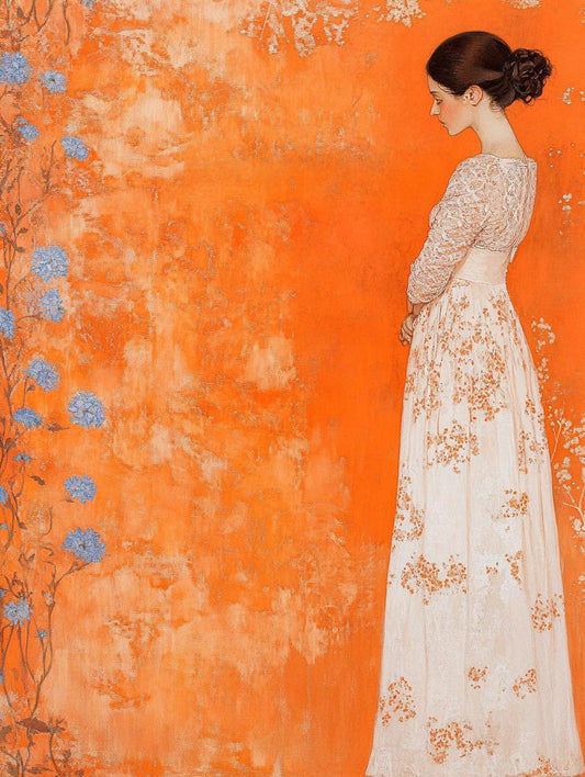 Graceful Woman in White Impressionist Canvas Art Print | Klimt Style Artwork | Vibrant Orange Background | Custom Art & Digital Download