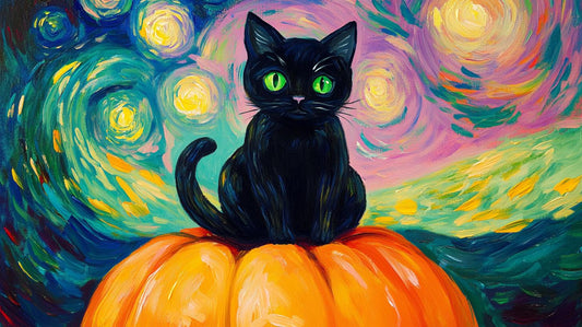 Impressionist Black Cat on Pumpkin Custom Canvas Print | Unique Fall Decor | Digital Download Artwork | Vincent Van Gogh Style