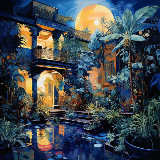 Capturing Ethereal Beauty: 'Moonlit Balcony' Inspired by Jacques Majorelle's 'Hidden Oasis'