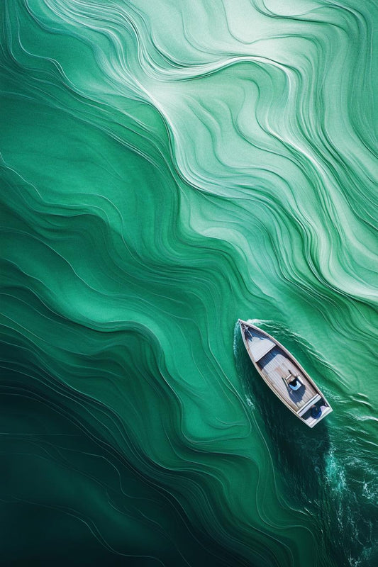 Breathtaking Emerald Ocean Aerial View Art Print | Custom Canvas Wall Art | Single White Boat Décor | Vibrant Home Décor | Digital Download