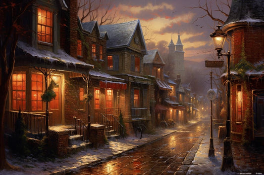 Charming Thomas Kinkade Inspired Cozy Village Canvas Print | Fantasy Wall Art | Custom Commissioned Artwork | Digital Download Home Decor