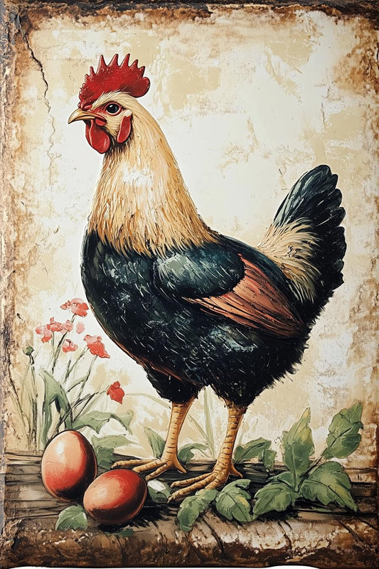 Vintage Rooster Wall Art Canvas Print and Digital Download in Farmhouse Style with Bold Colors and Charming Details