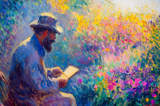 Colorful Impressionist Canvas Print of a Bearded Man Reading Amidst Vibrant Floral Landscape Home Decor Wall Art