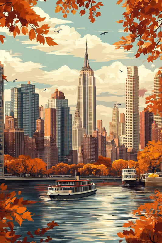 Autumn NYC Skyline Canvas Print featuring Iconic Empire State and Colorful Fall Leaves Wall Art for Home Decor